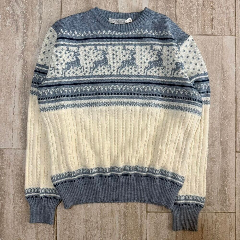 Vintage 90s Rob Winter Reindeer Fair Isle Knit Sweater Size M Blue Grandpacore